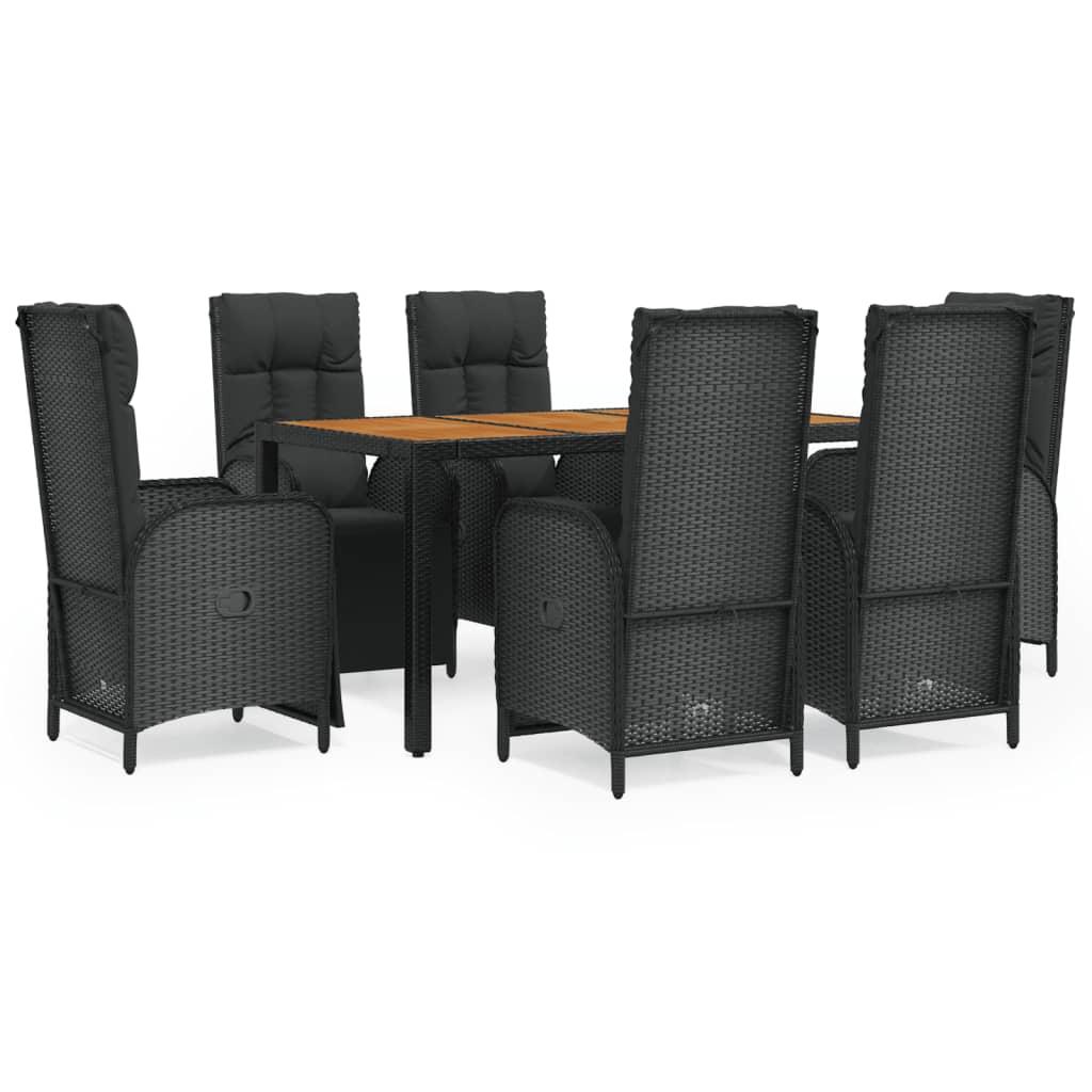 7 Piece Garden Dining Set with Cushions Black Poly Rattan