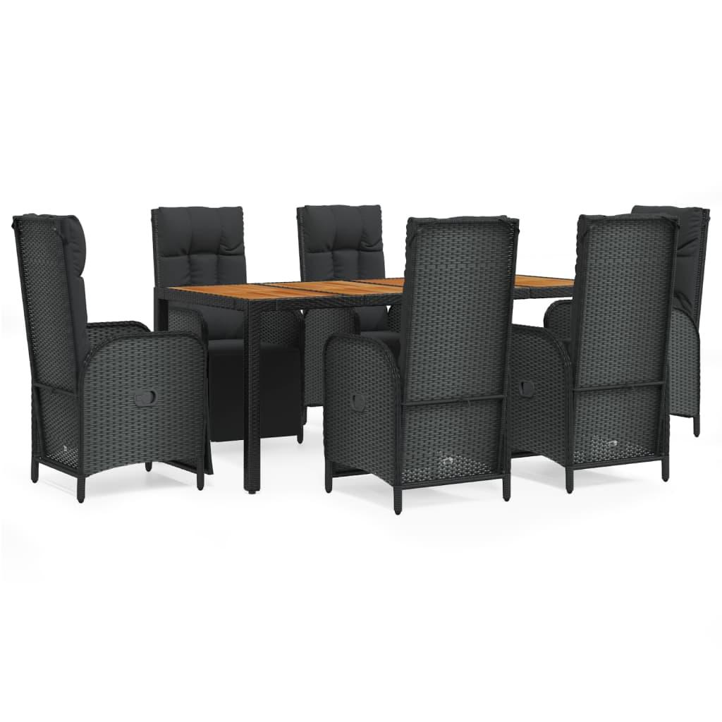 7 Piece Garden Dining Set with Cushions Black Poly Rattan