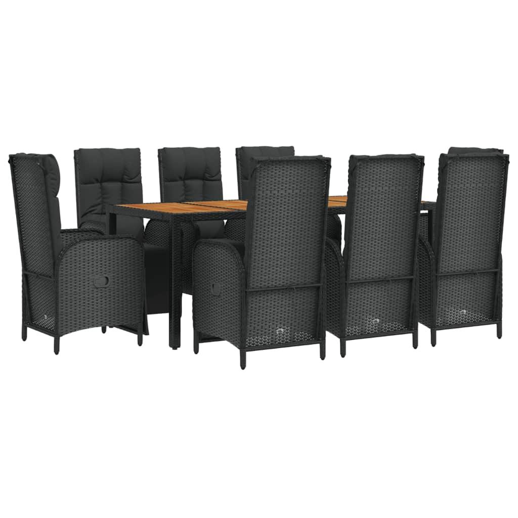 9 Piece Garden Dining Set with Cushions Black Poly Rattan