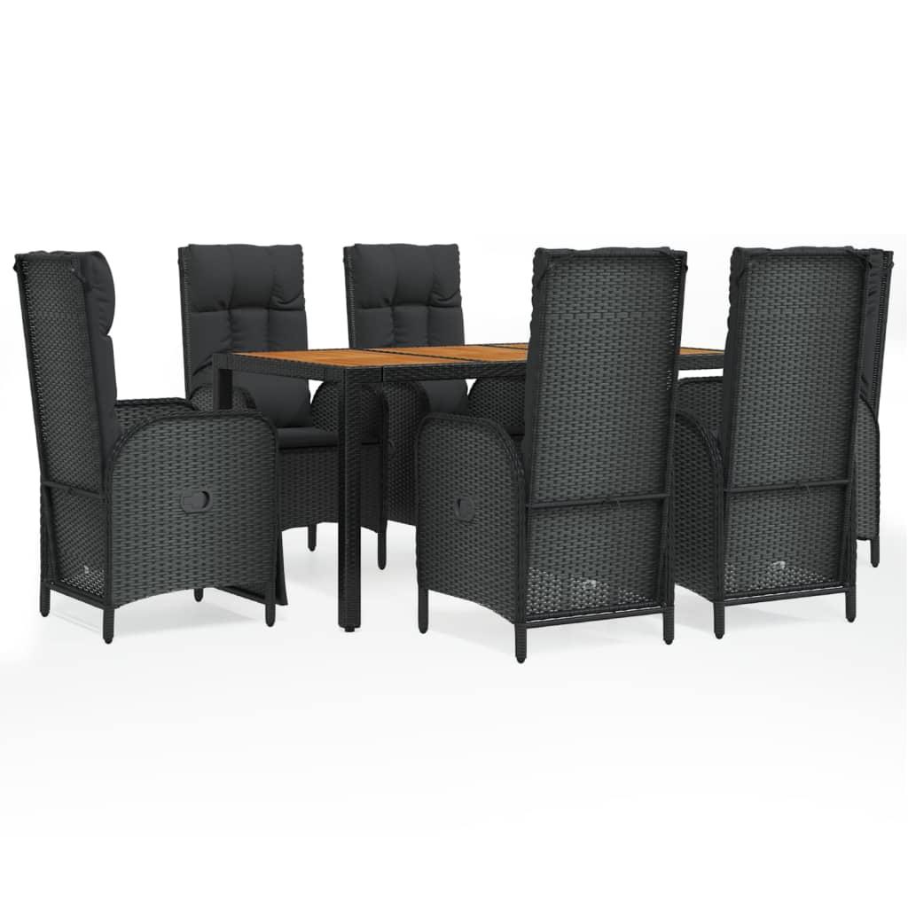 7 Piece Garden Dining Set with Cushions Black Poly Rattan