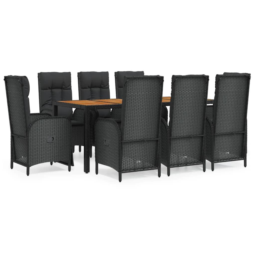 9 Piece Garden Dining Set with Cushions Black Poly Rattan