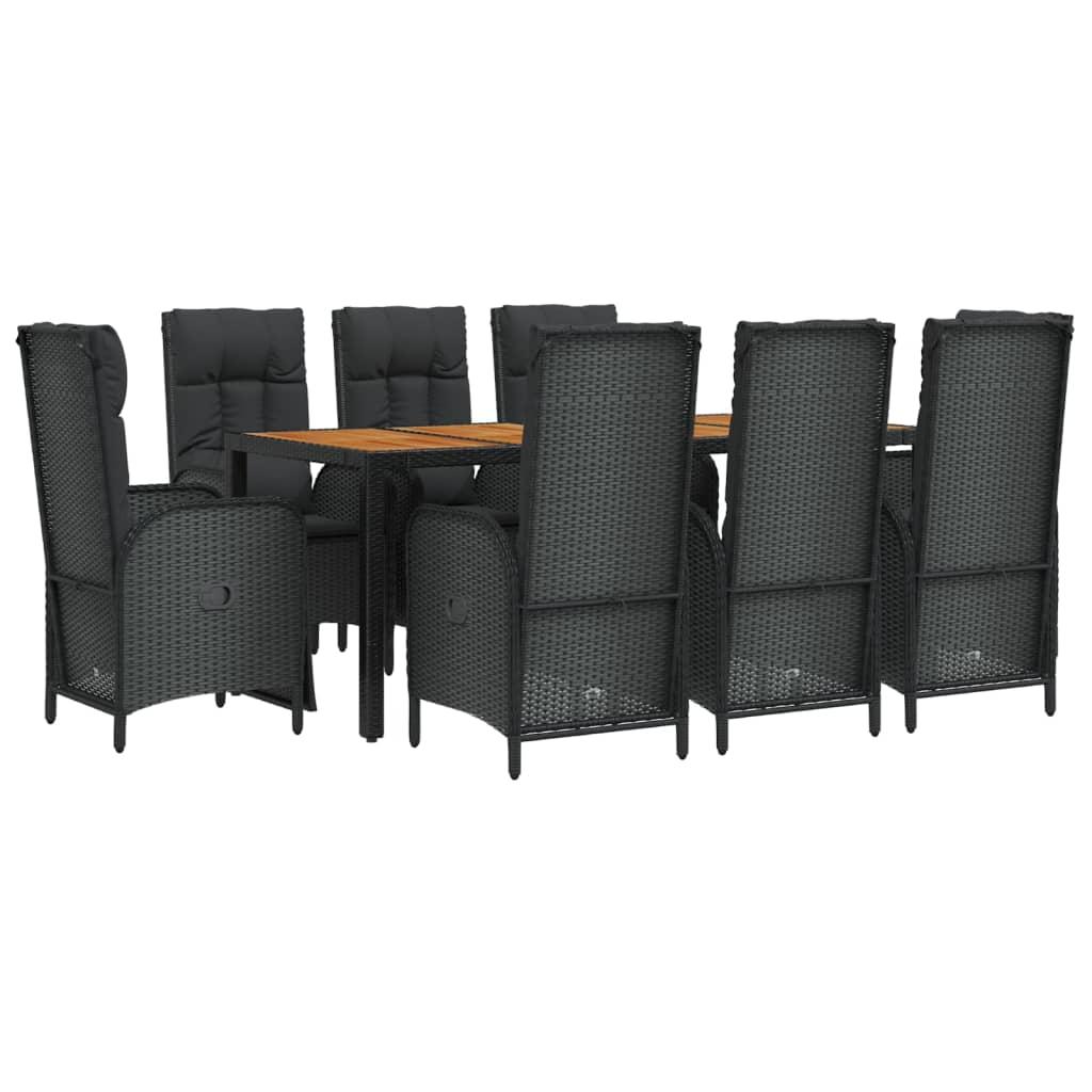 9 Piece Garden Dining Set with Cushions Black Poly Rattan