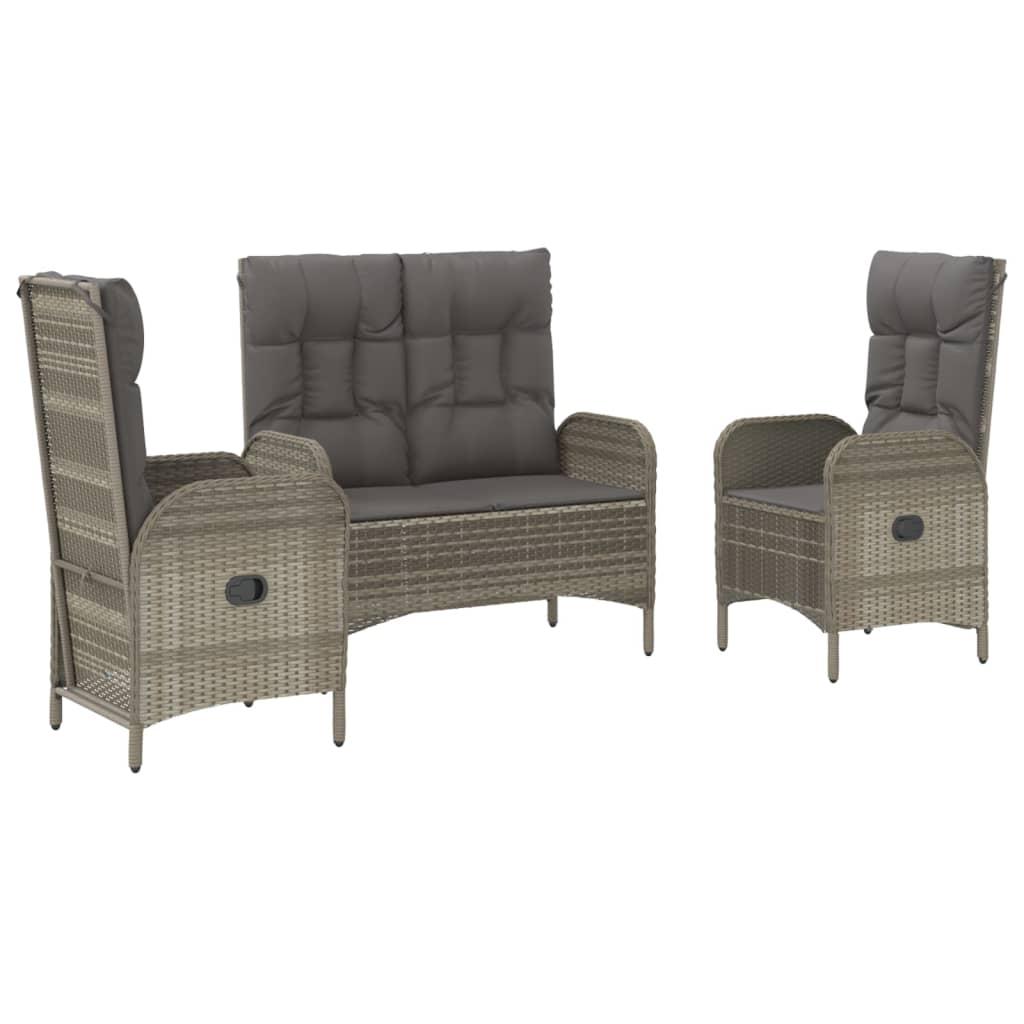 3 Piece Garden Dining Set with Cushions Grey Poly Rattan