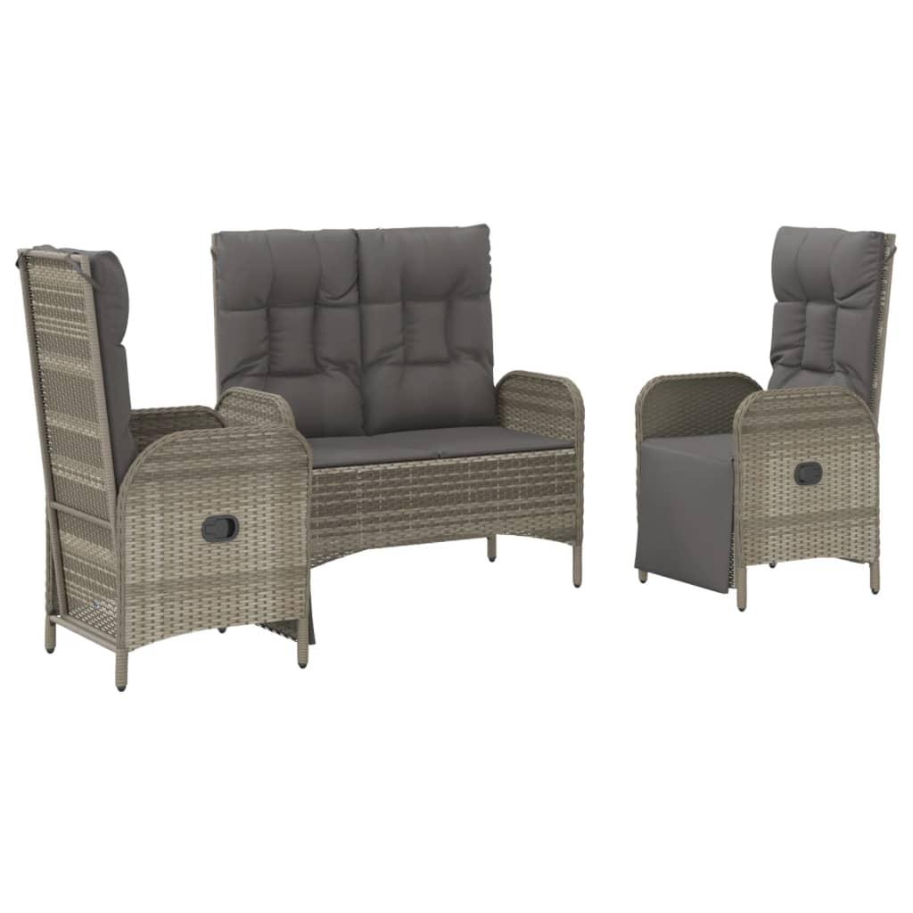 3 Piece Garden Dining Set with Cushions Grey Poly Rattan