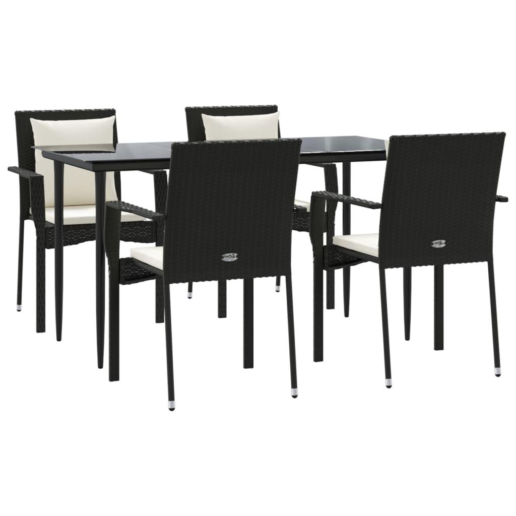 5 Piece Garden Dining Set with Cushions Black Poly Rattan