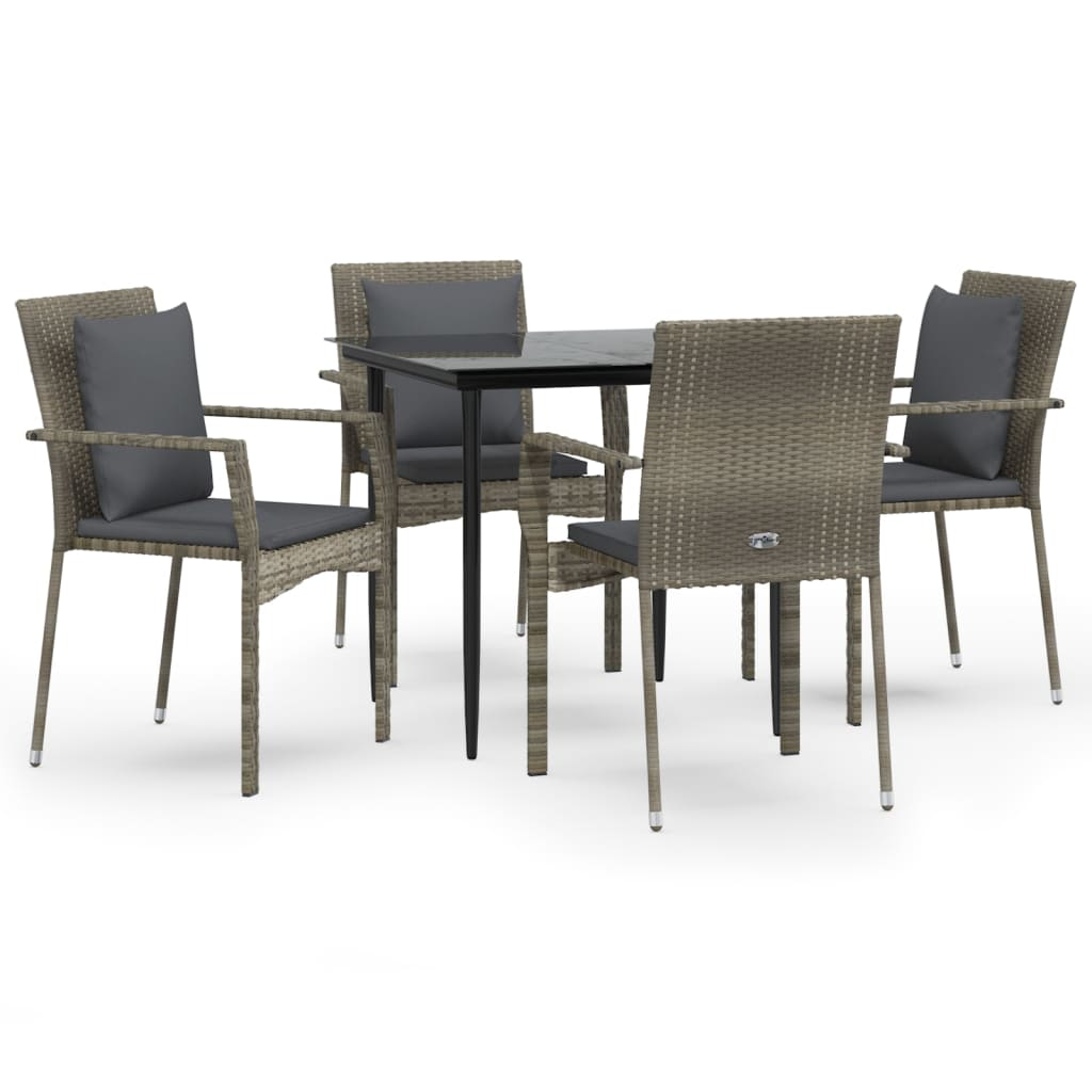 5 Piece Garden Dining Set with Cushions Black and Grey Poly Rattan