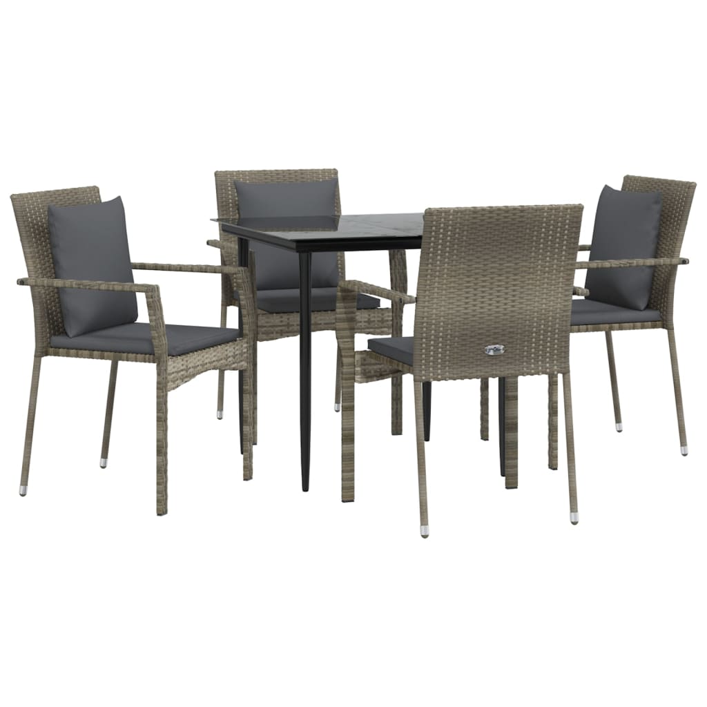 5 Piece Garden Dining Set with Cushions Black and Grey Poly Rattan