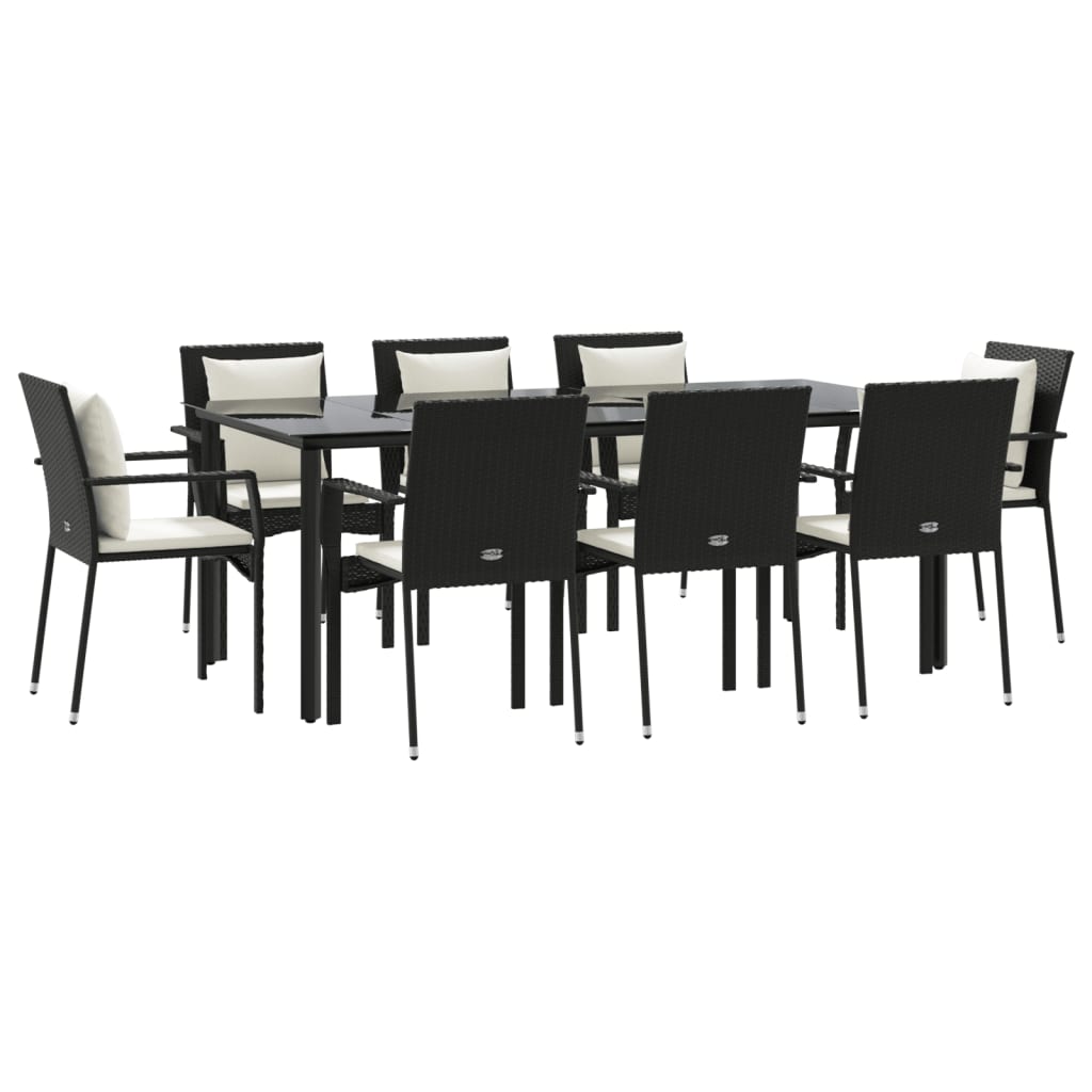 9 Piece Garden Dining Set with Cushions Black Poly Rattan