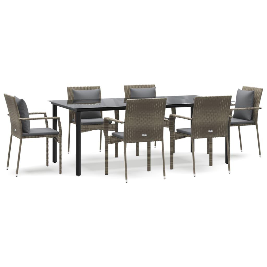 7 Piece Garden Dining Set with Cushions Black and Grey Poly Rattan