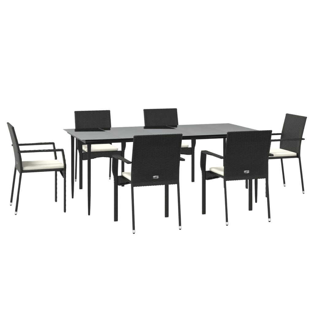 7 Piece Garden Dining Set with Cushions Black Poly Rattan