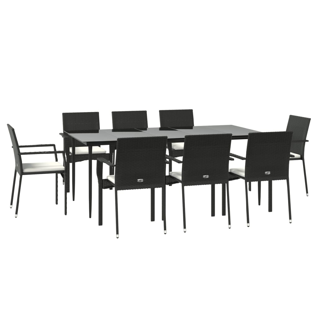 9 Piece Garden Dining Set with Cushions Black Poly Rattan