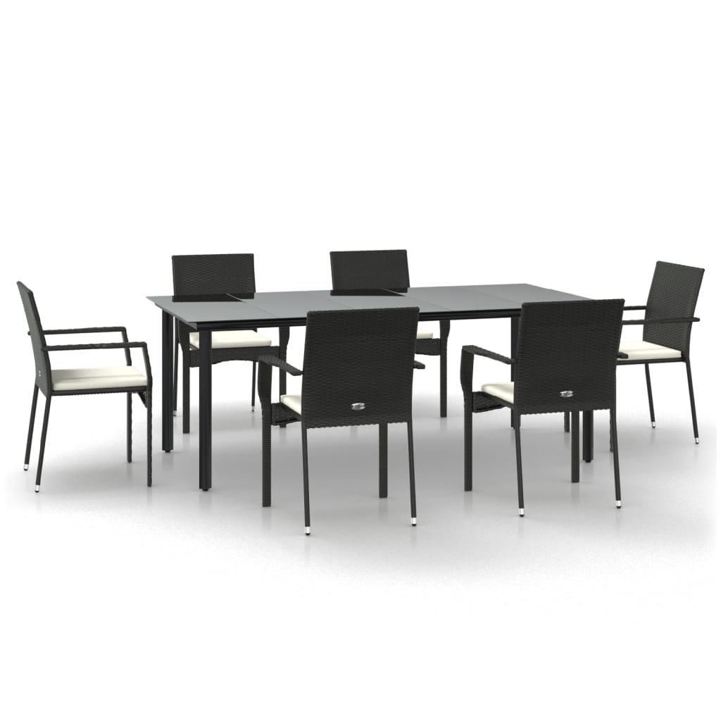 7 Piece Garden Dining Set with Cushions Black Poly Rattan