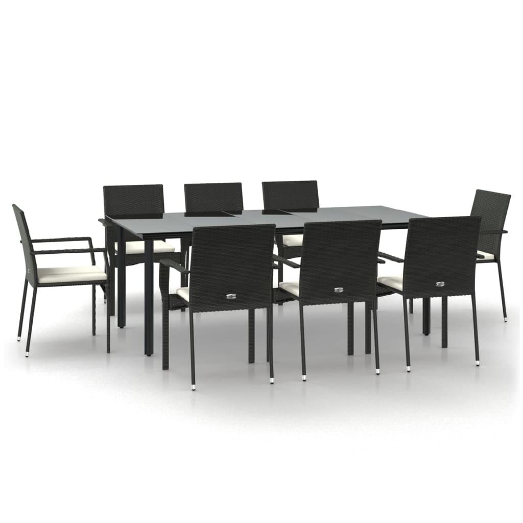 9 Piece Garden Dining Set with Cushions Black Poly Rattan