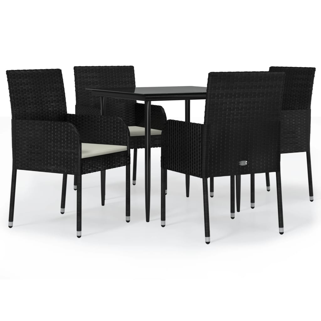 5 Piece Garden Dining Set with Cushions Black Poly Rattan