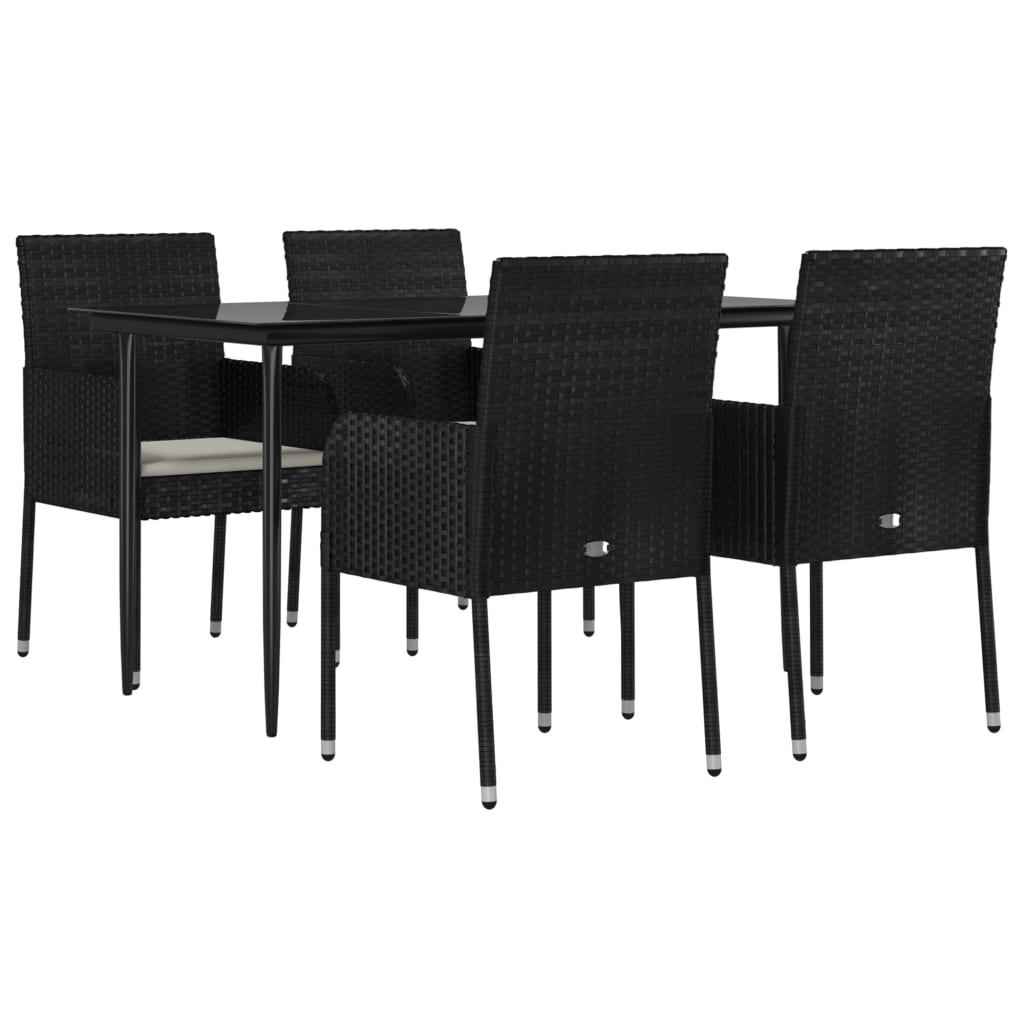 5 Piece Garden Dining Set with Cushions Black Poly Rattan