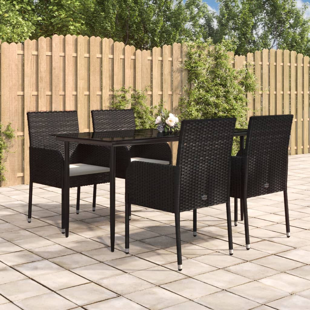 5 Piece Garden Dining Set with Cushions Black Poly Rattan