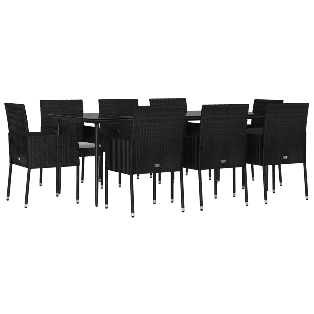 9 Piece Garden Dining Set with Cushions Black Poly Rattan