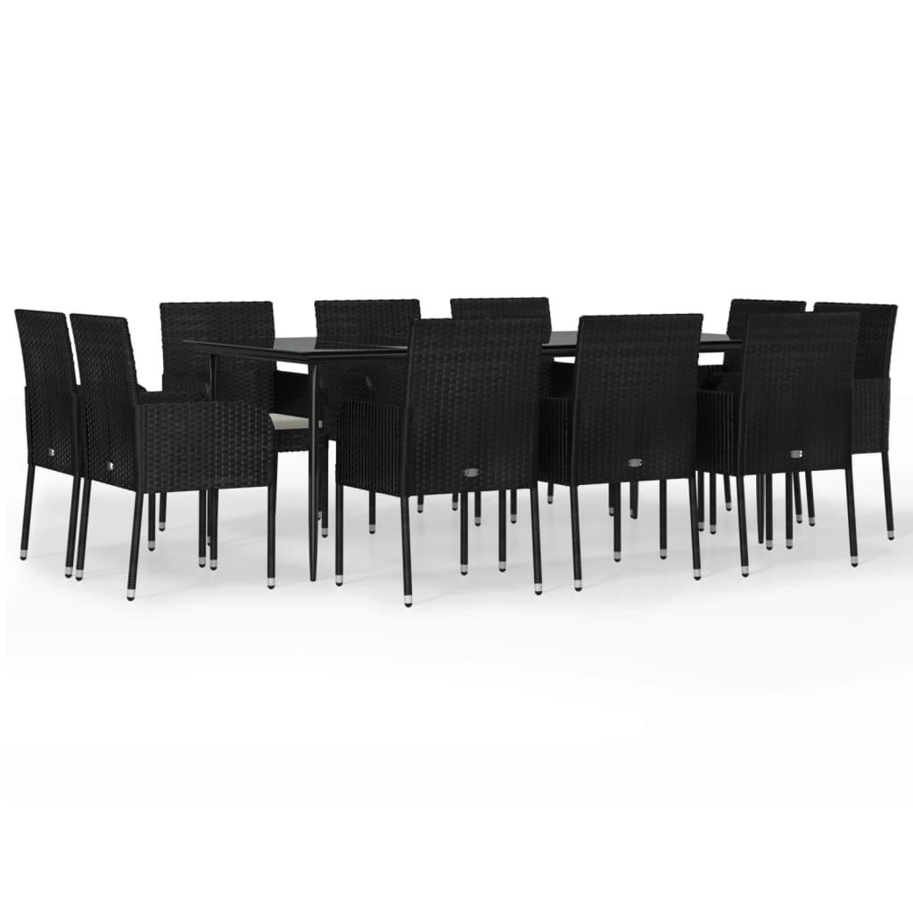 11 Piece Garden Dining Set with Cushions Black Poly Rattan