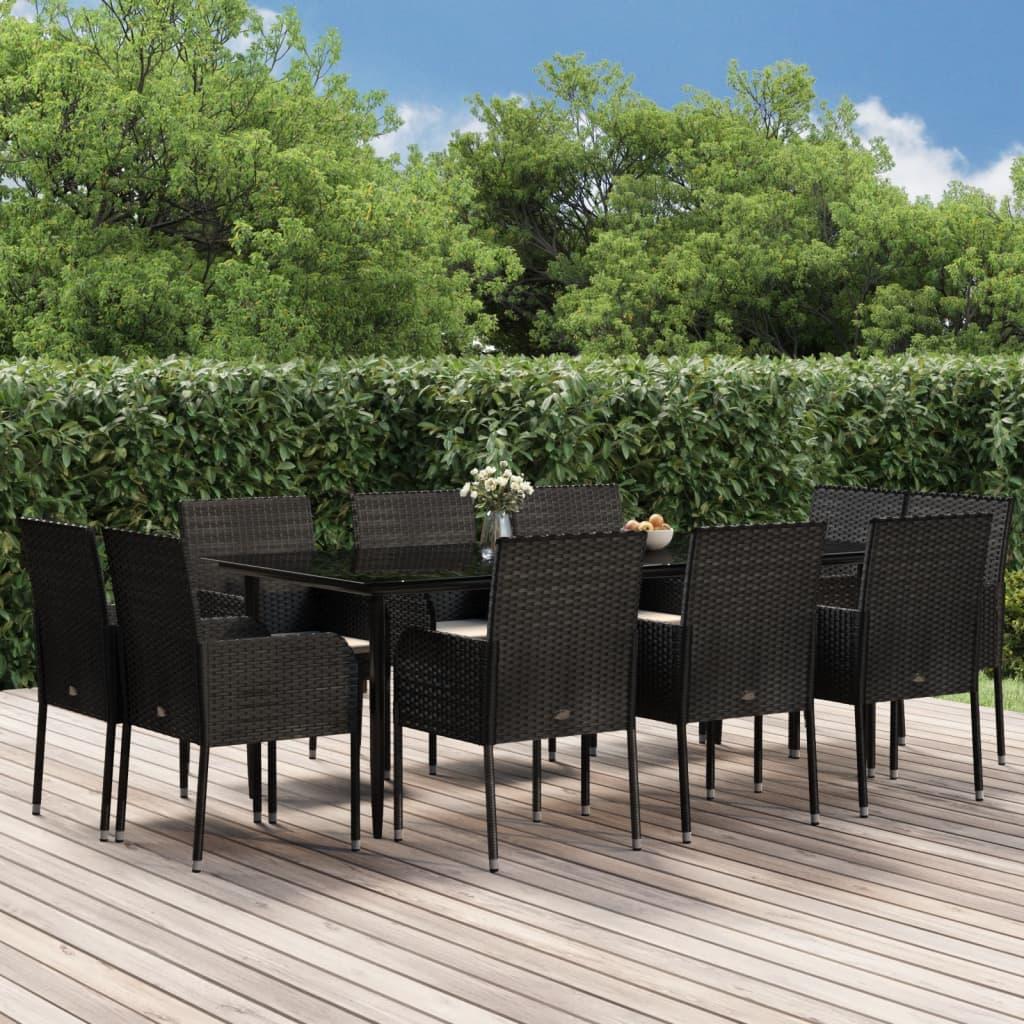 11 Piece Garden Dining Set with Cushions Black Poly Rattan