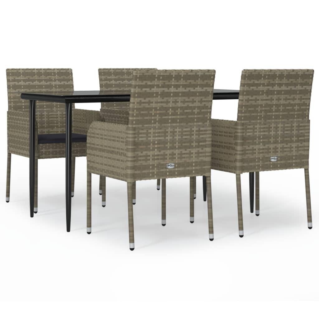 5 Piece Garden Dining Set with Cushions Black and Grey Poly Rattan