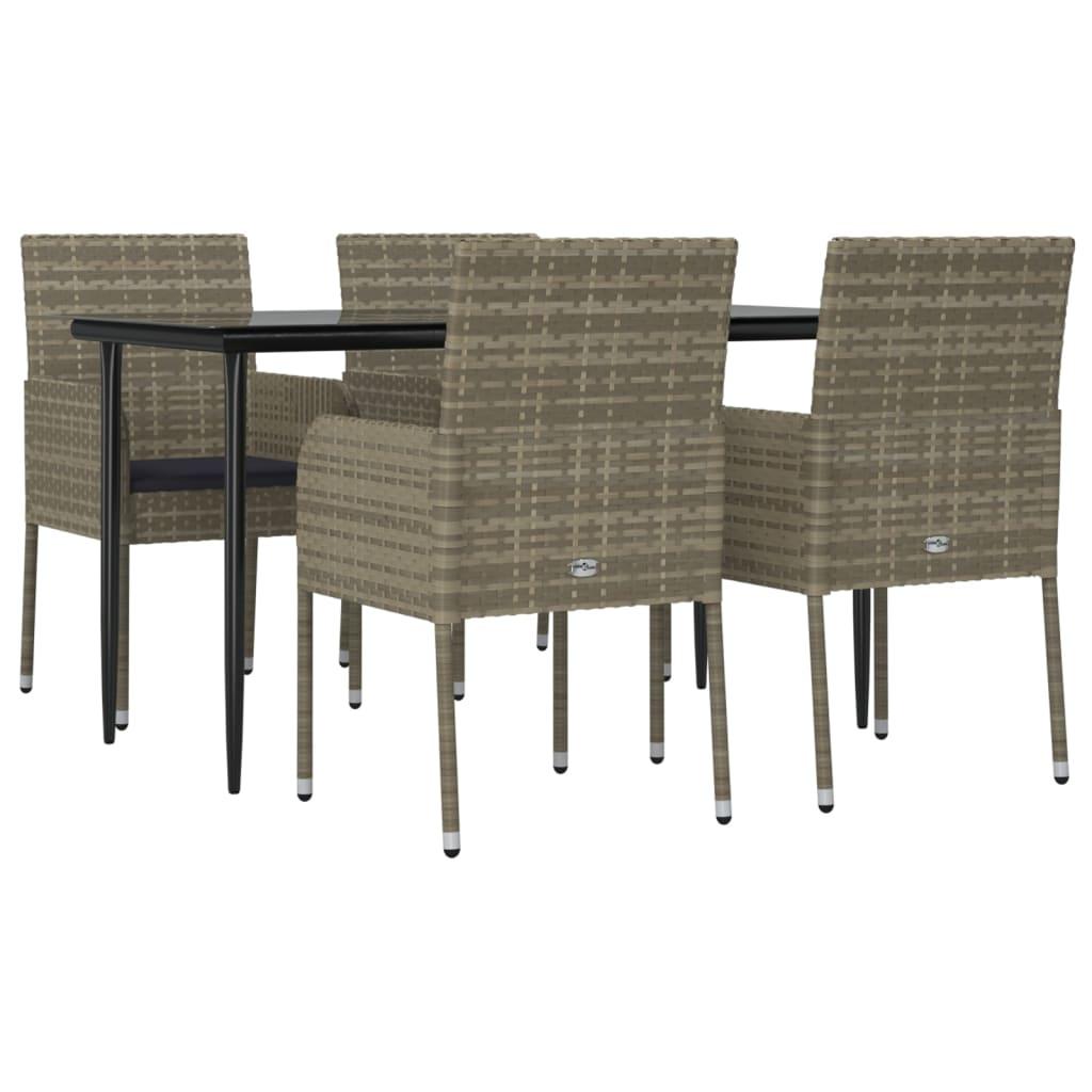 5 Piece Garden Dining Set with Cushions Black and Grey Poly Rattan