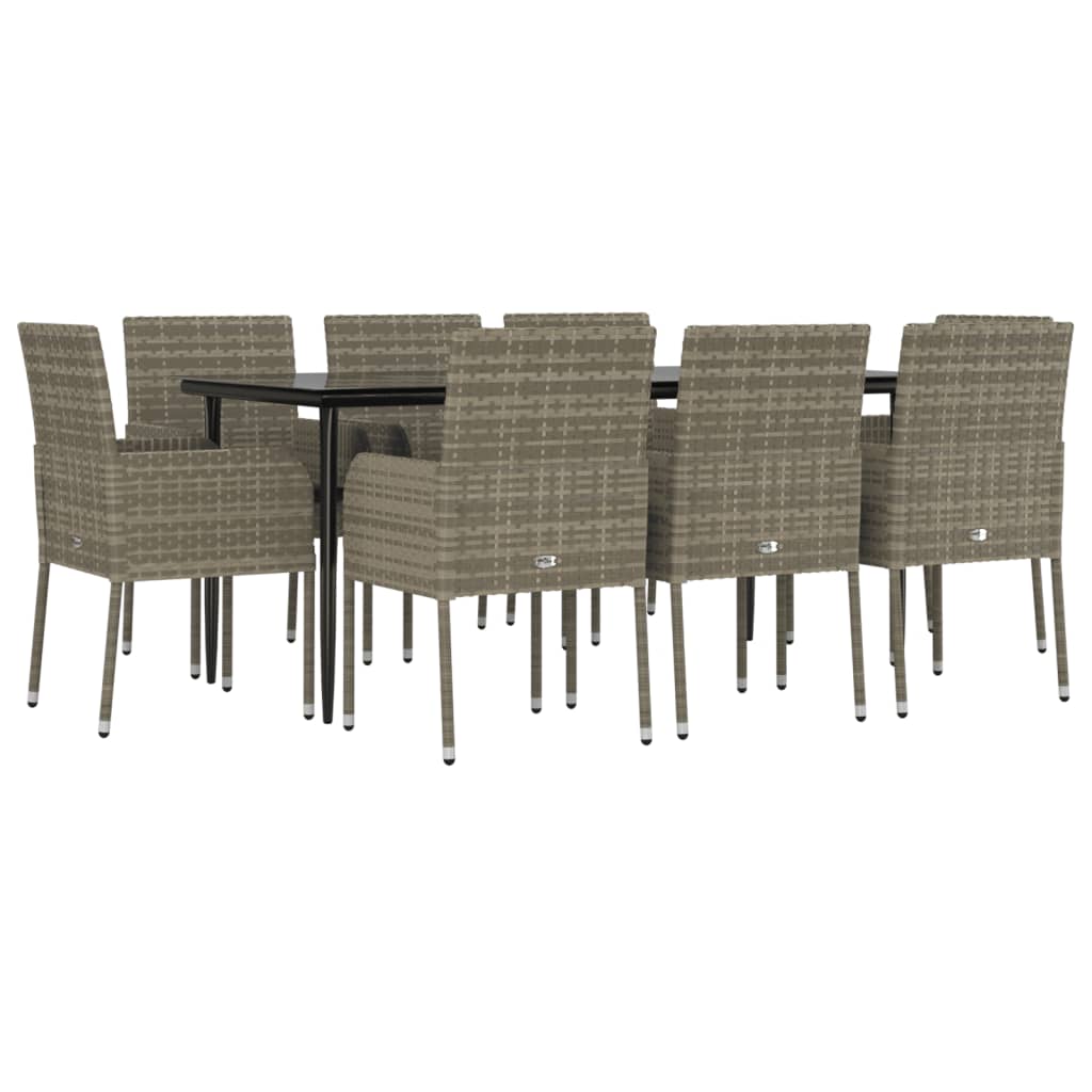 9 Piece Garden Dining Set with Cushions Black and Grey Poly Rattan