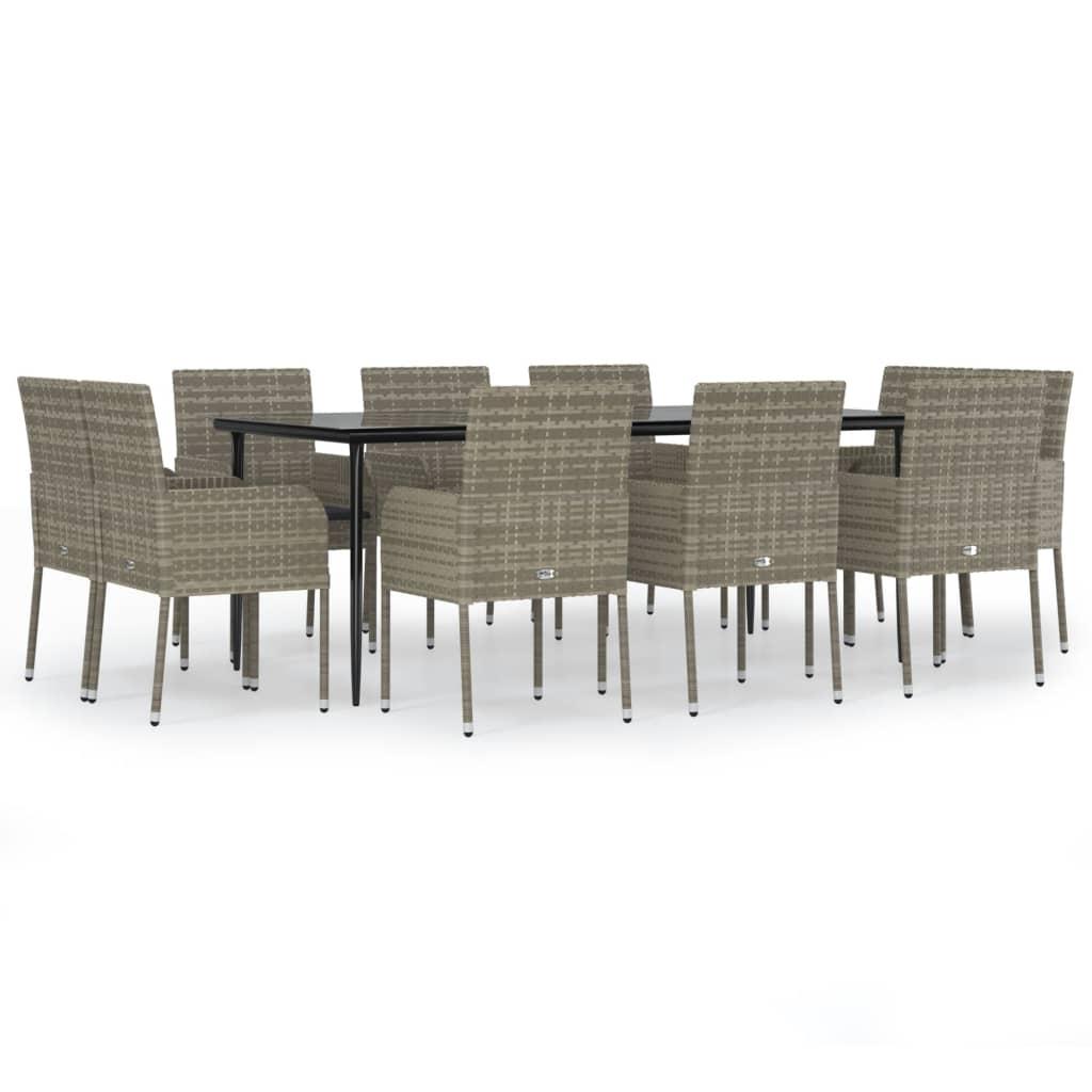 11 Piece Garden Dining Set with Cushions Black and Grey Poly Rattan