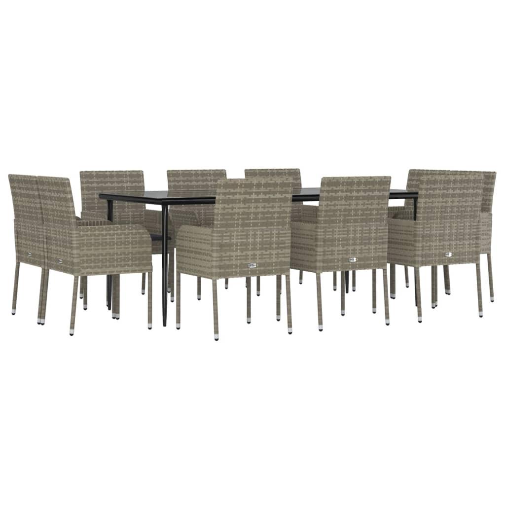 11 Piece Garden Dining Set with Cushions Black and Grey Poly Rattan