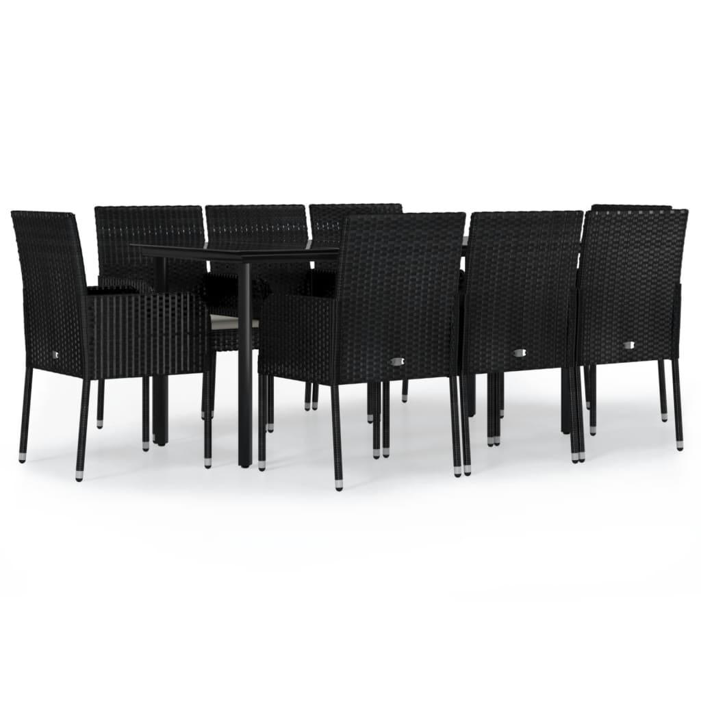 9 Piece Garden Dining Set with Cushions Black Poly Rattan