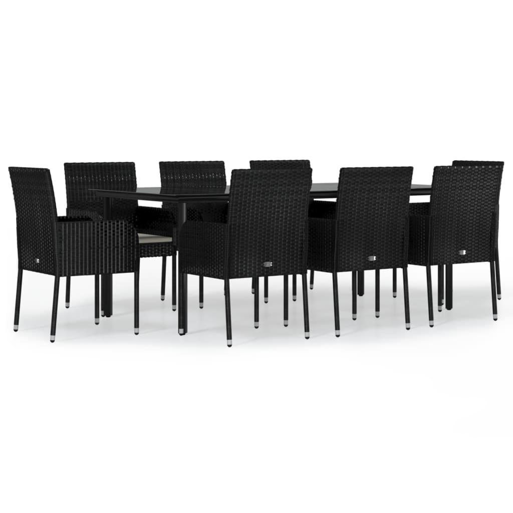 9 Piece Garden Dining Set with Cushions Black Poly Rattan