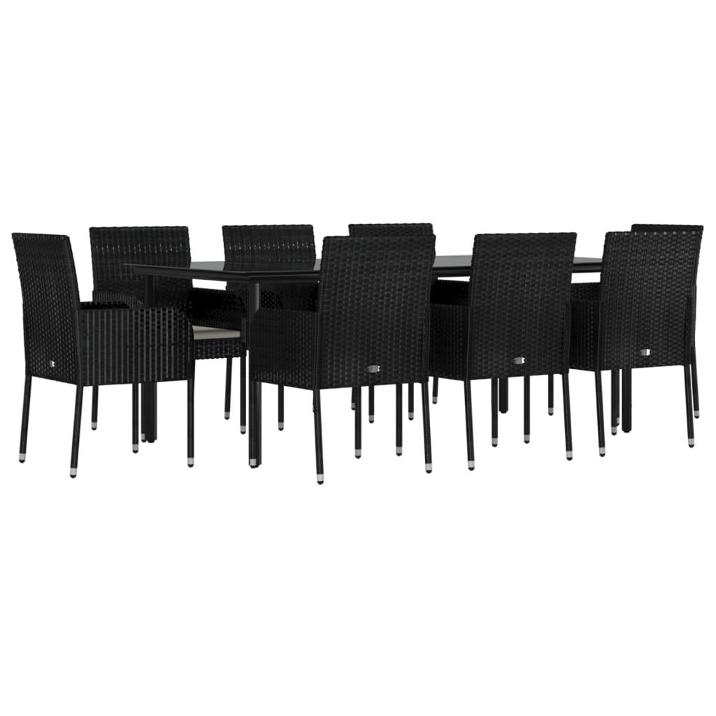 9 Piece Garden Dining Set with Cushions Black Poly Rattan