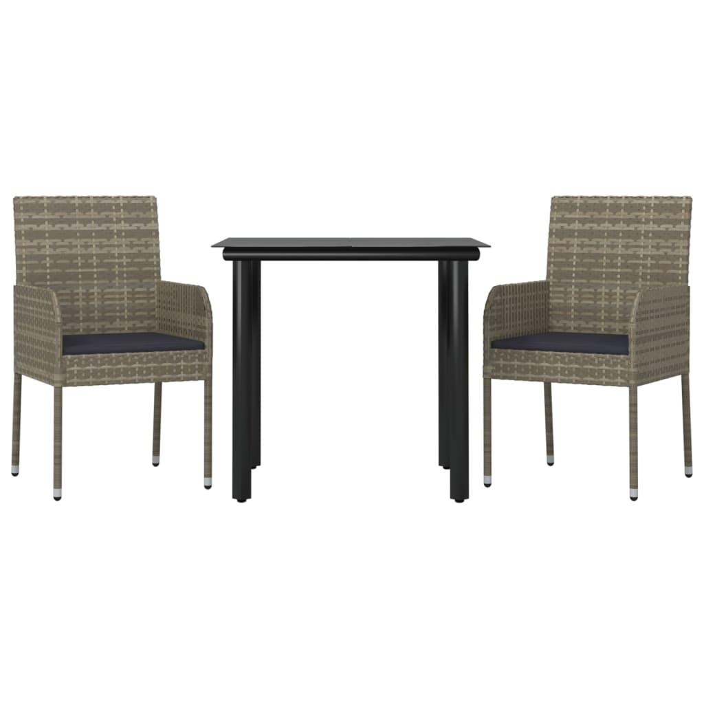 3 Piece Garden Dining Set with Cushions Black and Grey Poly Rattan