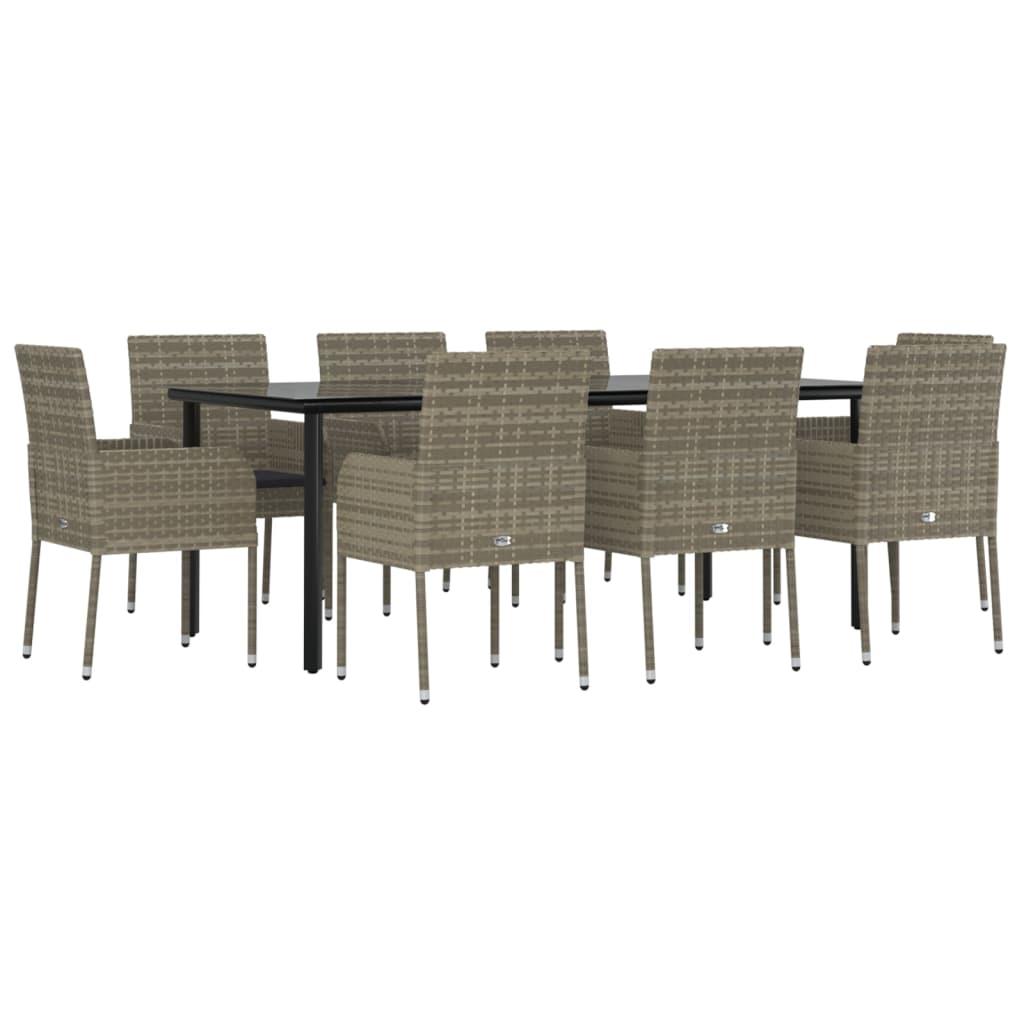 9 Piece Garden Dining Set with Cushions Black and Grey Poly Rattan