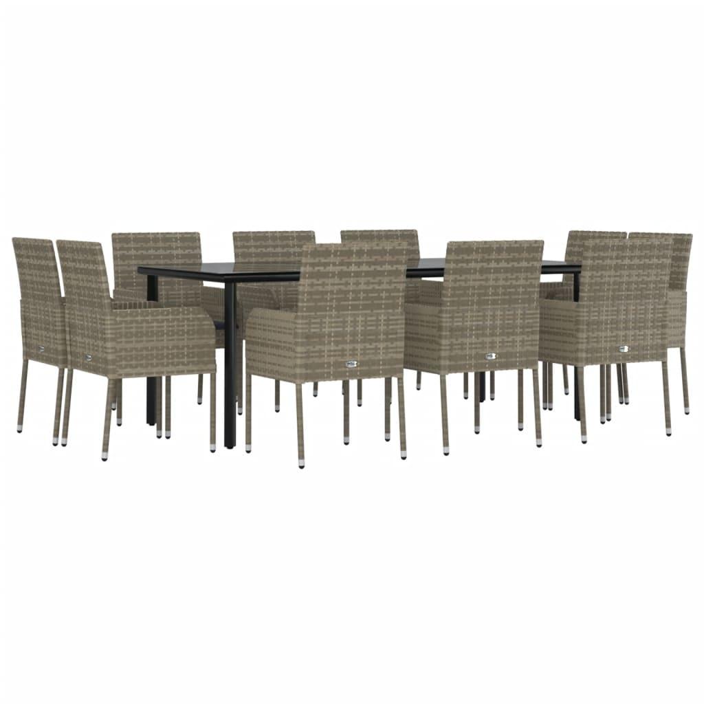 11 Piece Garden Dining Set with Cushions Black and Grey Poly Rattan