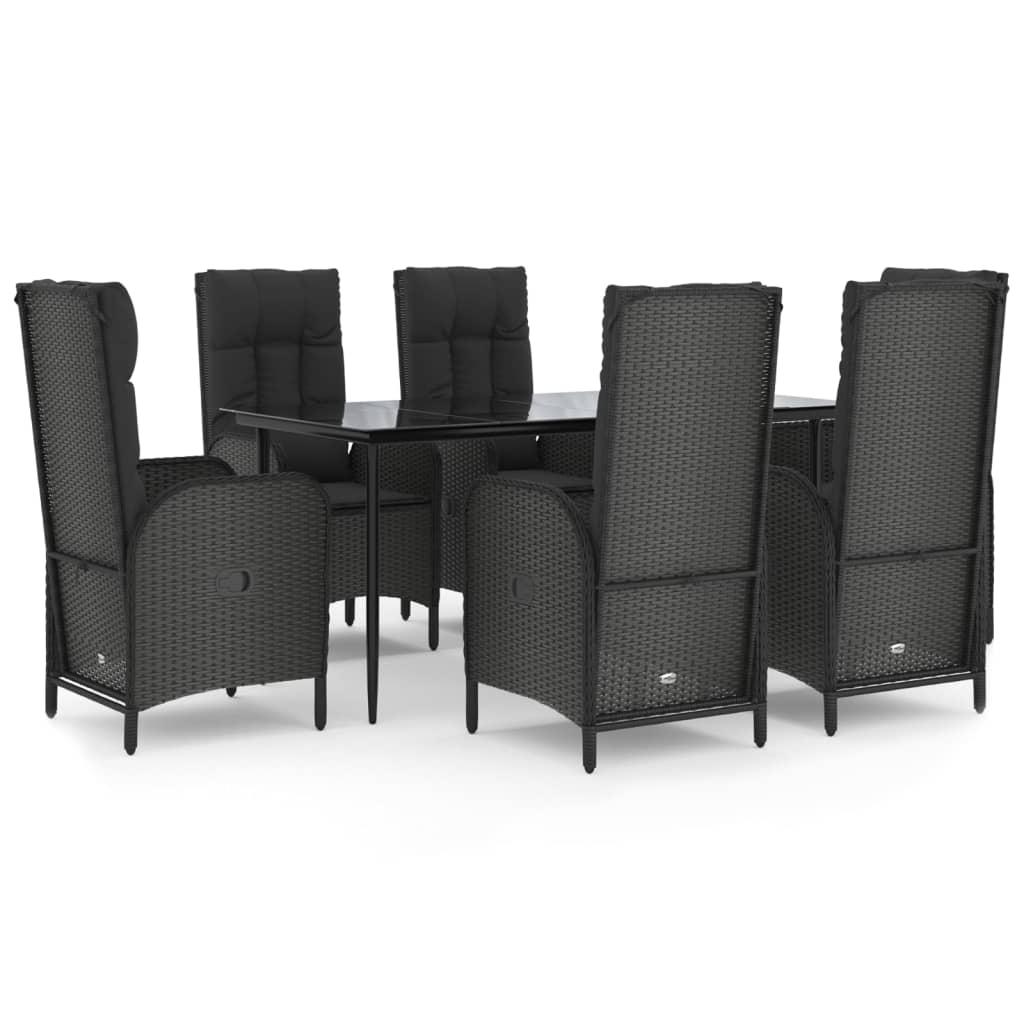 7 Piece Garden Dining Set with Cushions Black Poly Rattan