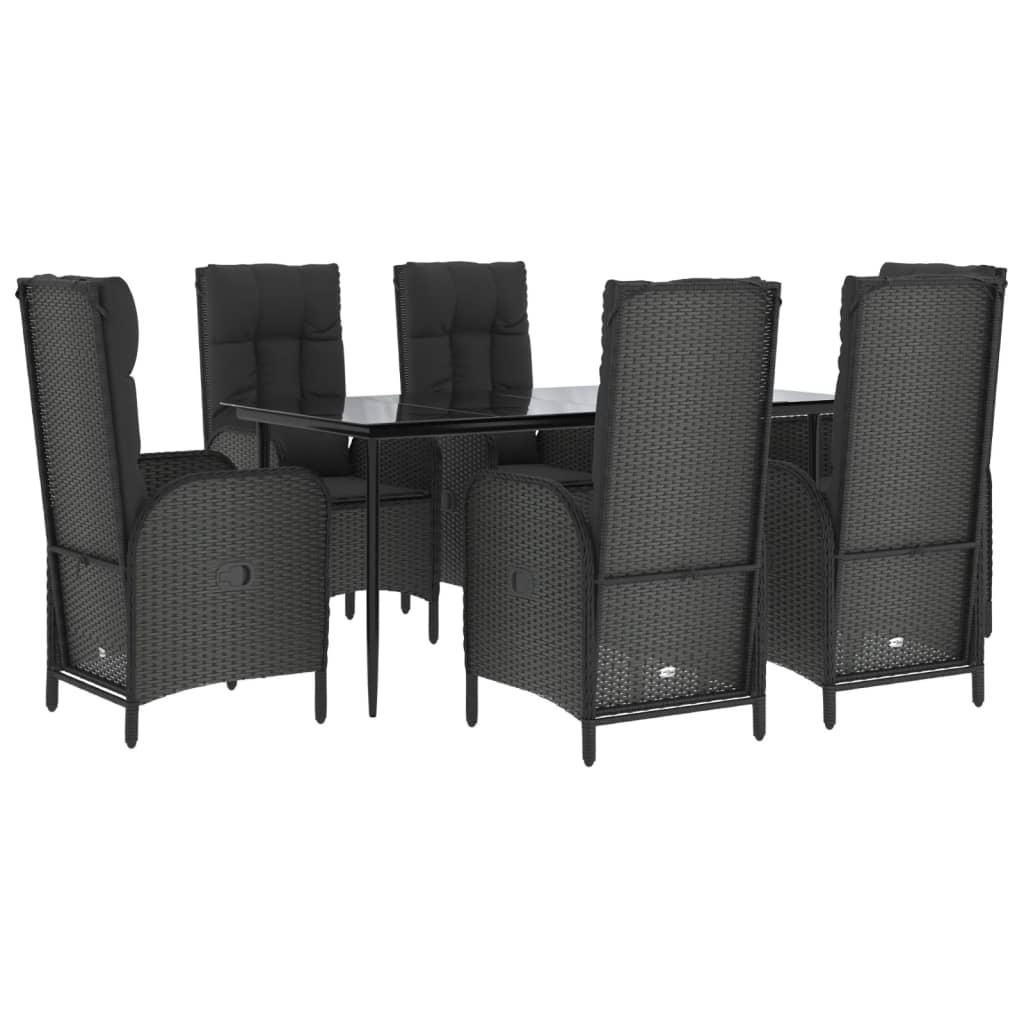 7 Piece Garden Dining Set with Cushions Black Poly Rattan