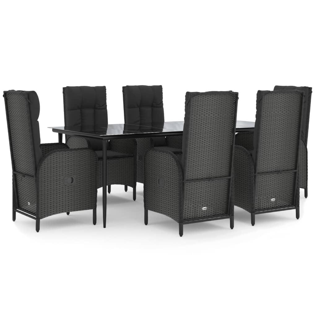 7 Piece Garden Dining Set with Cushions Black Poly Rattan