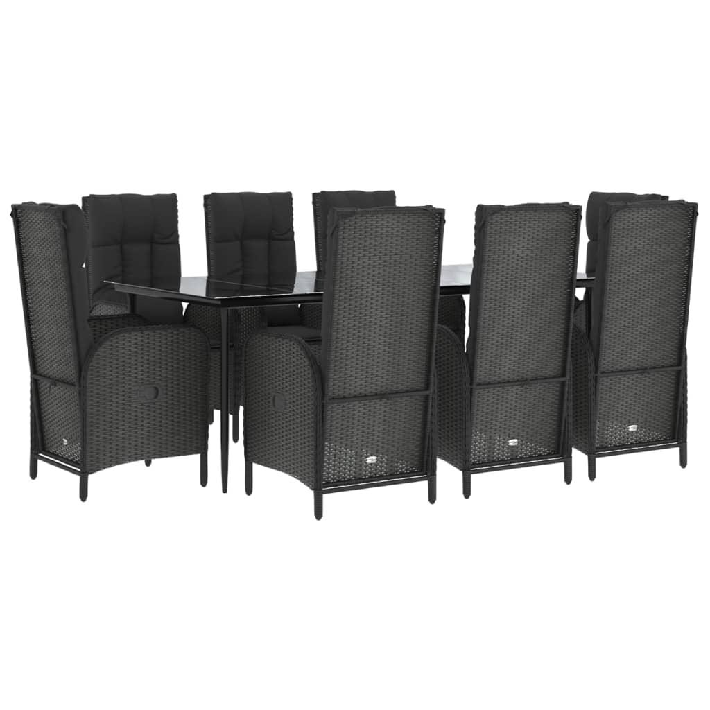 9 Piece Garden Dining Set with Cushions Black Poly Rattan