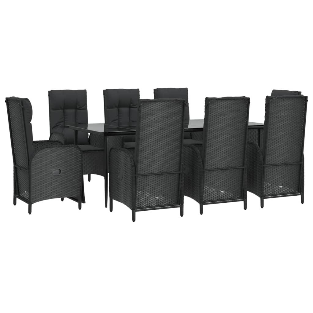 9 Piece Garden Dining Set with Cushions Black Poly Rattan