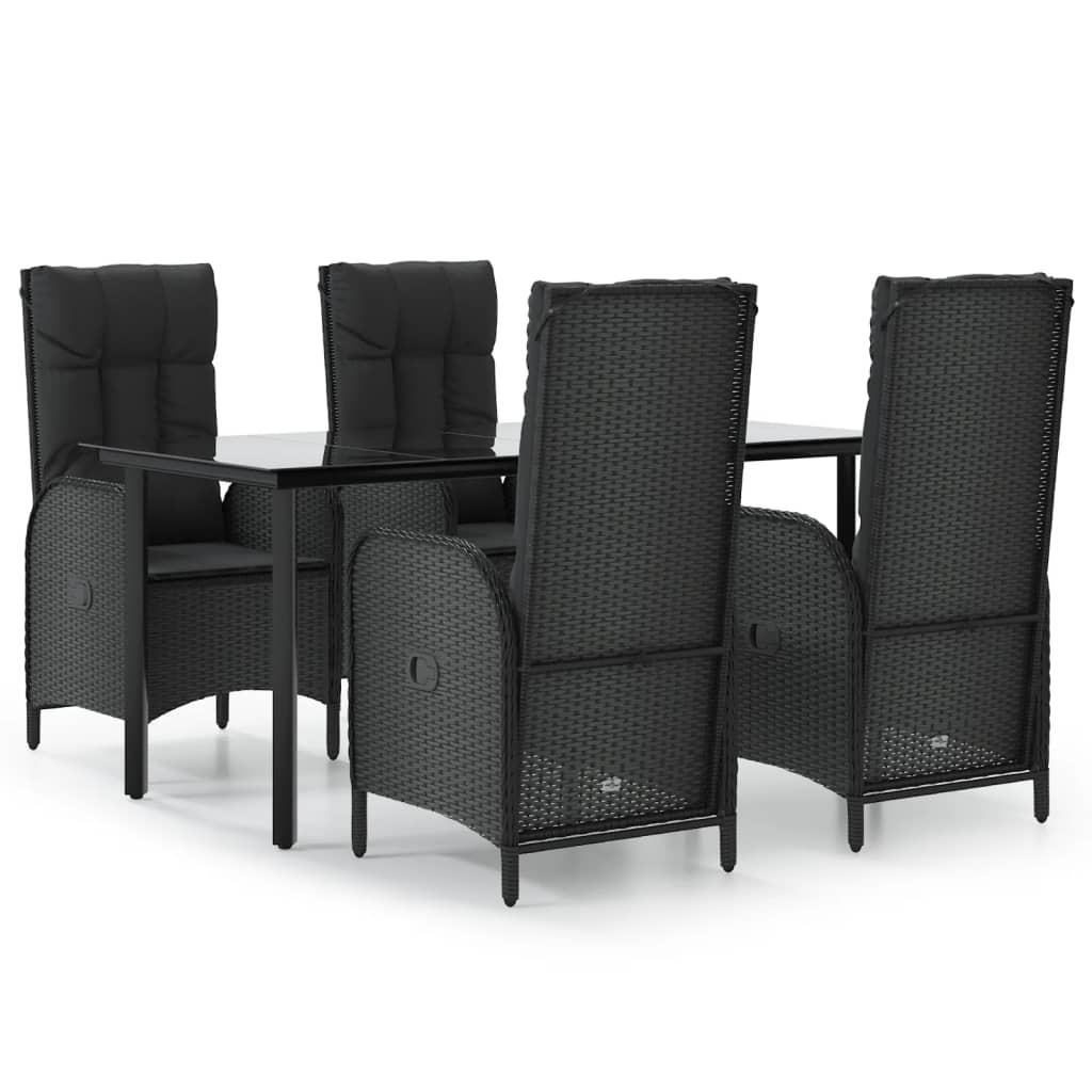 5 Piece Garden Dining Set with Cushions Black Poly Rattan