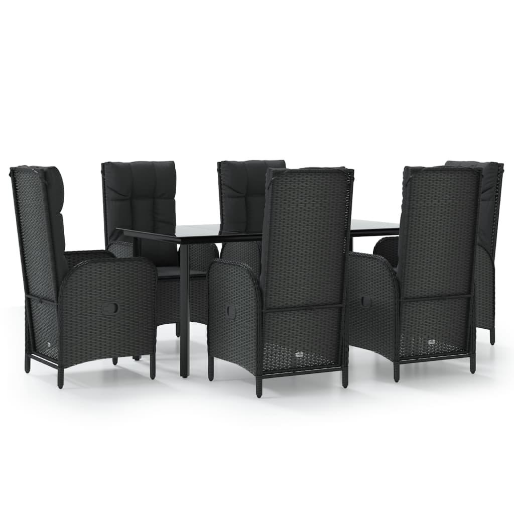 7 Piece Garden Dining Set with Cushions Black Poly Rattan