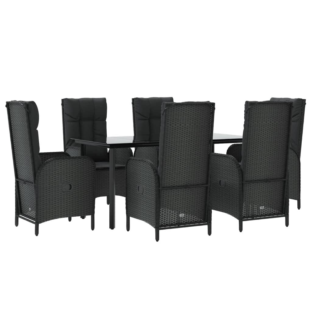 7 Piece Garden Dining Set with Cushions Black Poly Rattan