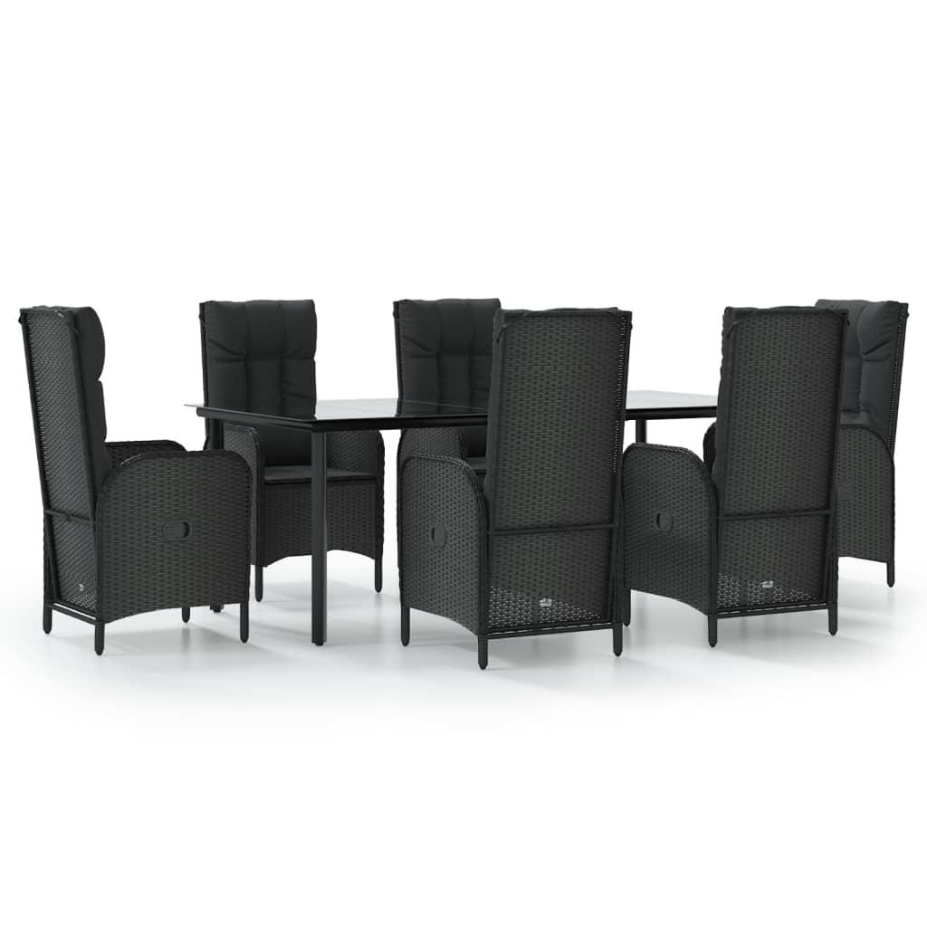 7 Piece Garden Dining Set with Cushions Black Poly Rattan