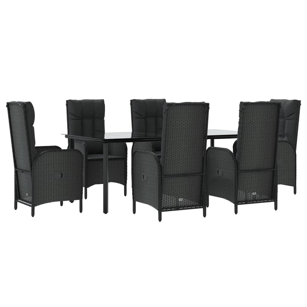 7 Piece Garden Dining Set with Cushions Black Poly Rattan