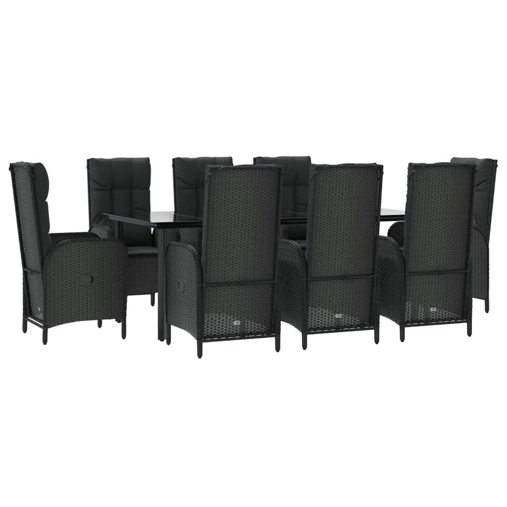 9 Piece Garden Dining Set with Cushions Black Poly Rattan