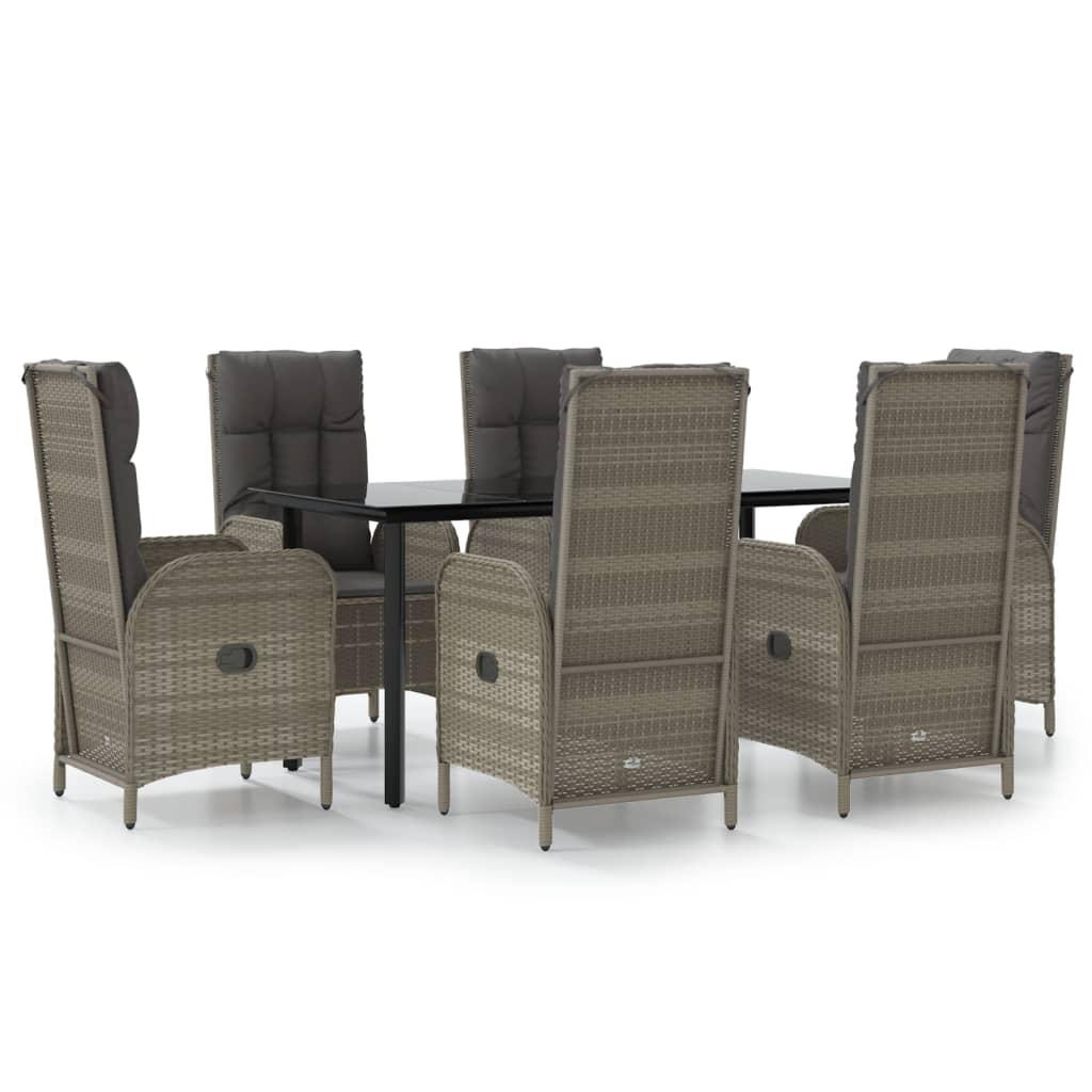 7 Piece Garden Dining Set with Cushions Black and Grey Poly Rattan