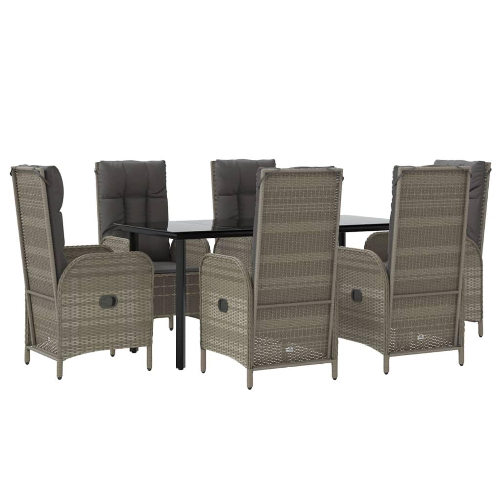 7 Piece Garden Dining Set with Cushions Black and Grey Poly Rattan