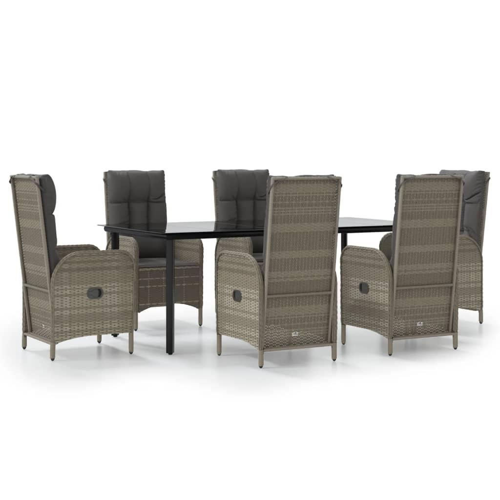 7 Piece Garden Dining Set with Cushions Black and Grey Poly Rattan