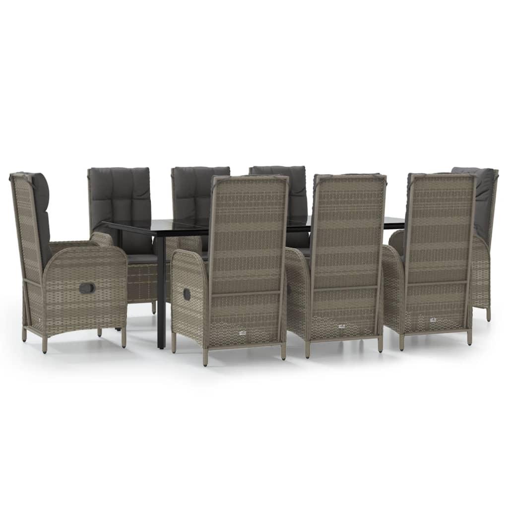 9 Piece Garden Dining Set with Cushions Black and Grey Poly Rattan
