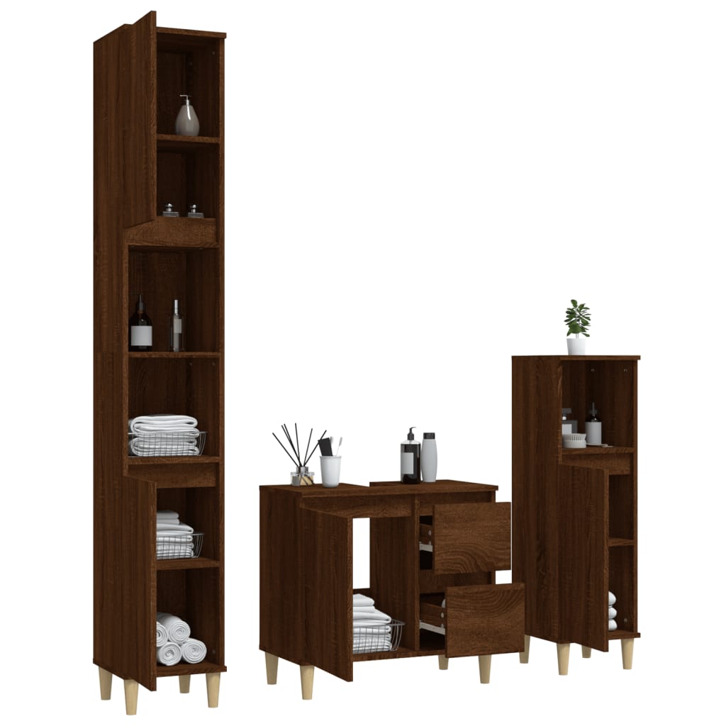 3 Piece Bathroom Cabinet Set Brown Oak Engineered Wood